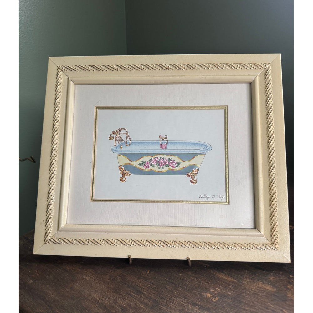 Mary De Wolfe Framed Victorian Clawfoot Bathtub‎ Art Print Pink Roses Gold